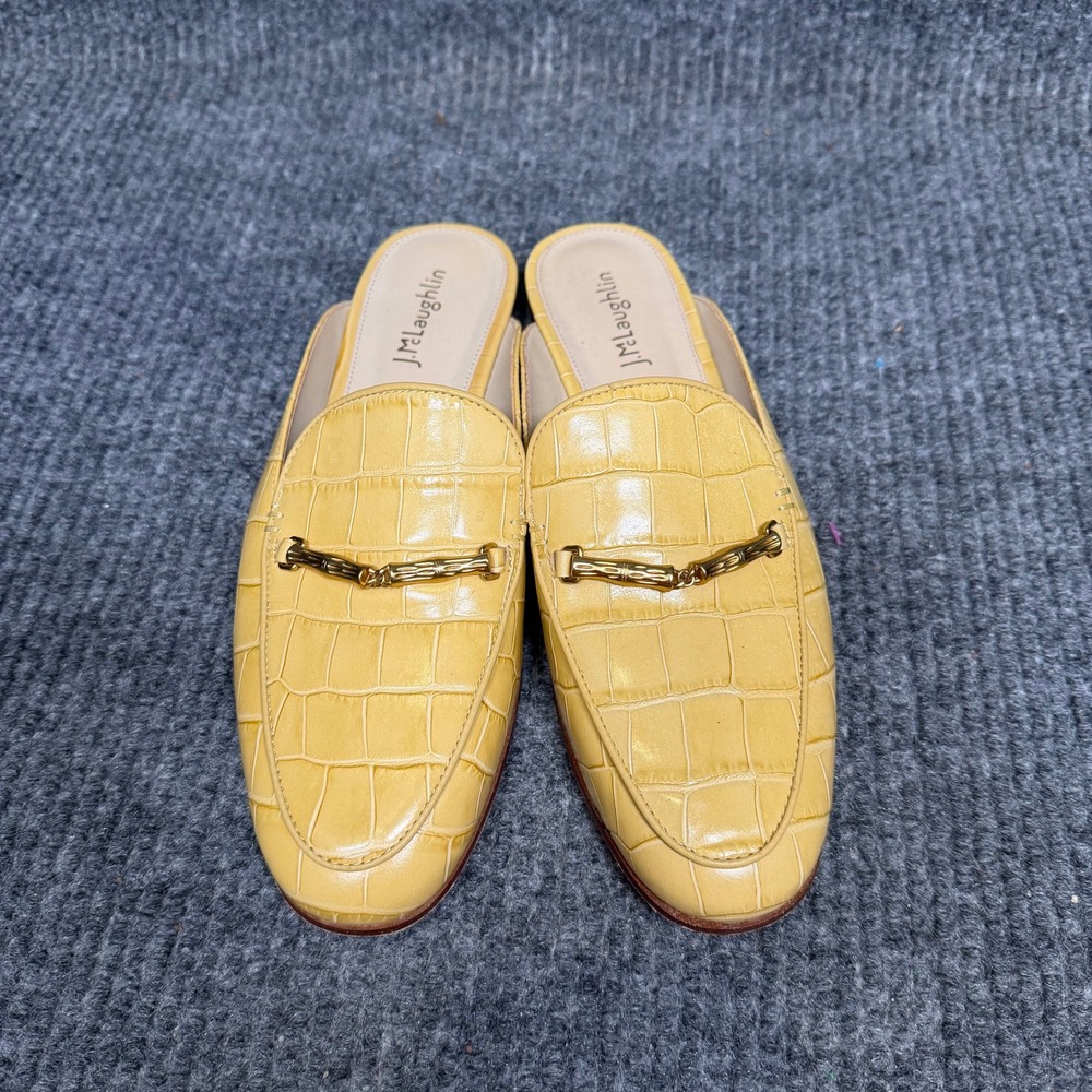J.McLaughlin Leather Mules Women US 7 EU 37 Yellow Croc Embossed Bamboo Bit Flat